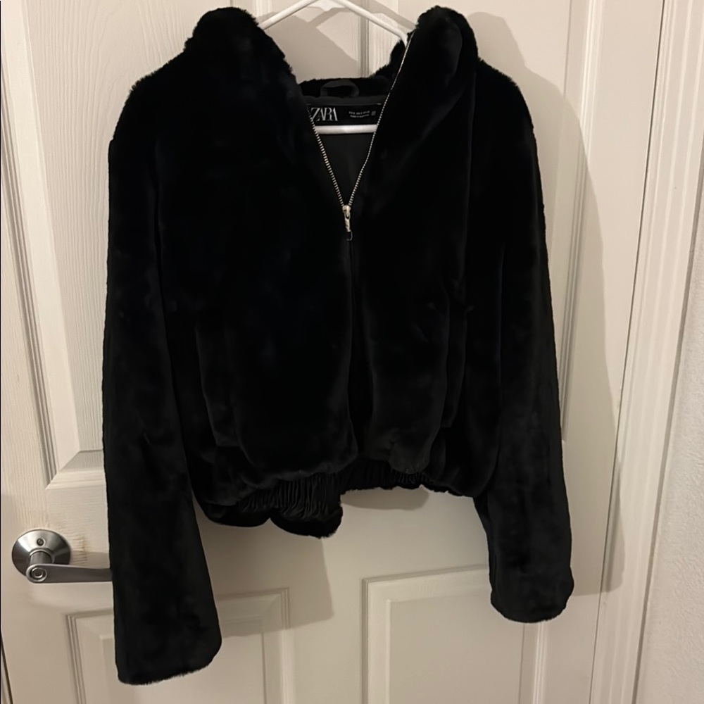 Zara Black Teddy Jacket with Hood and Zipper